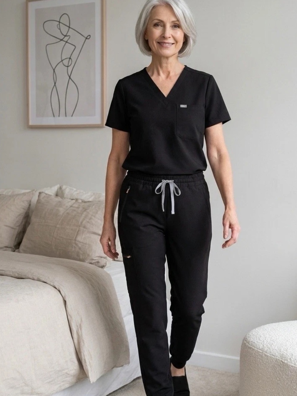 FIGS V-Neck Scrubs Top (M) Jogger Pants (LP)17”x26” Women’s 2 PC Set Black Petit